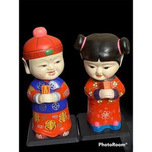 ASIAN BOY AND GIRL BOBBLE HEADS CERAMIC 7”  Tall VINTAGE